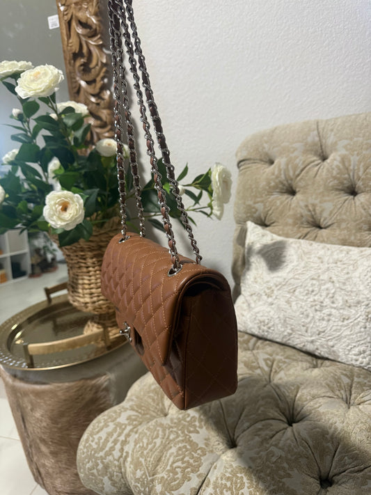 Brown classic shoulder bag soft leather silver chain