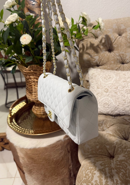 White classic shoulder bag caviar leather bright gold chain